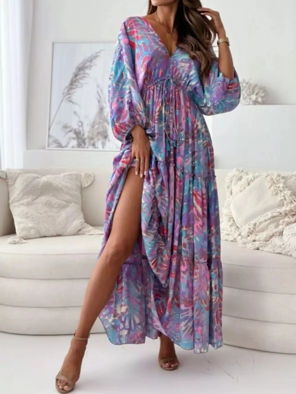 Printed V-Neck Balloon Sleeve Slit Maxi Dress