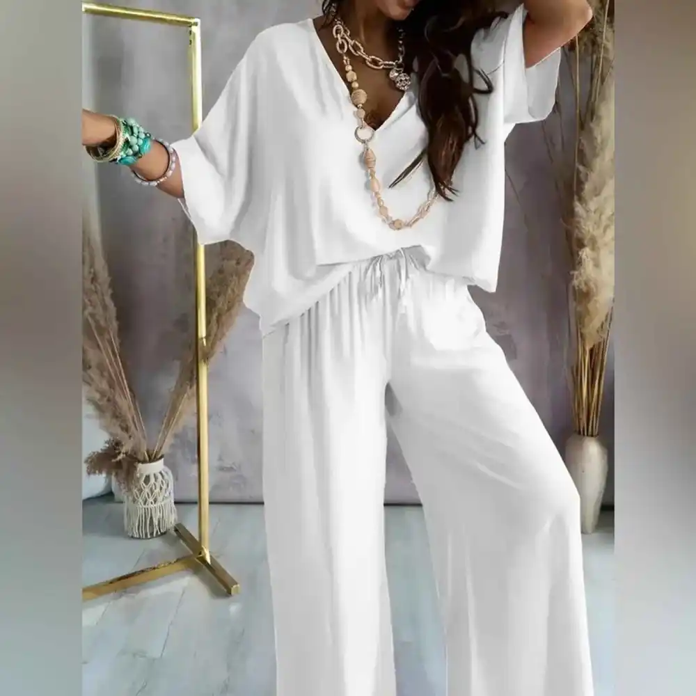 Lounge Set Flowy V-neck Top & Wide-leg Pants For All Party