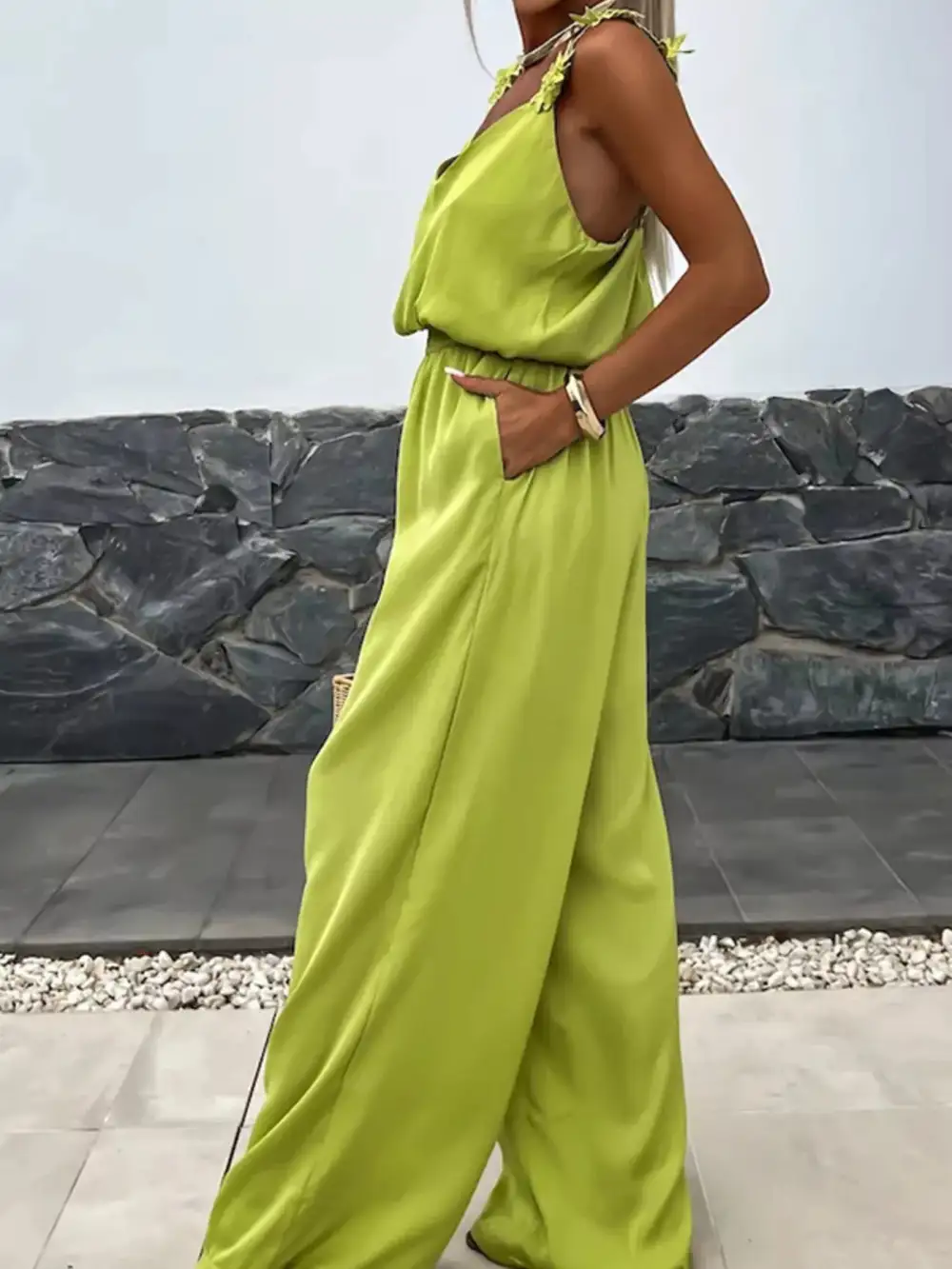 Floral Applique V Neck Wide Leg Jumpsuit