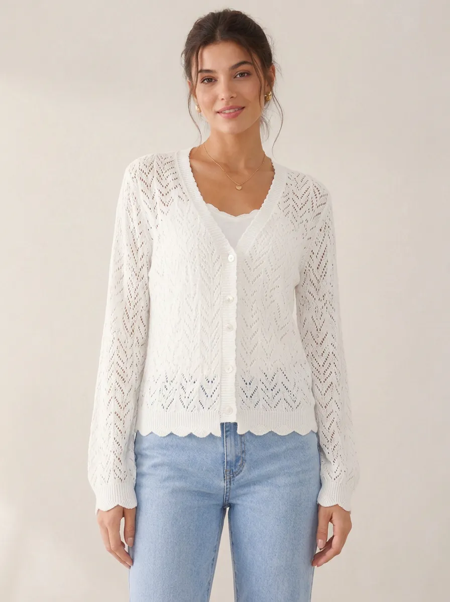Women's Casual White Crochet Knit V-Neck Buttoned Cardigan