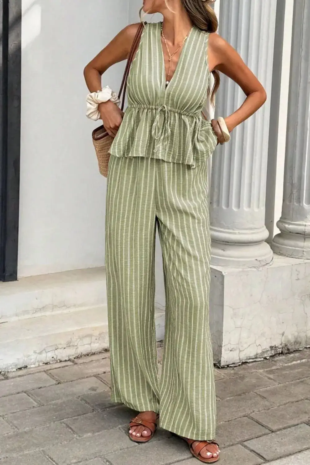 Textured Striped Sleeveless Top and Wide Leg Pants Set