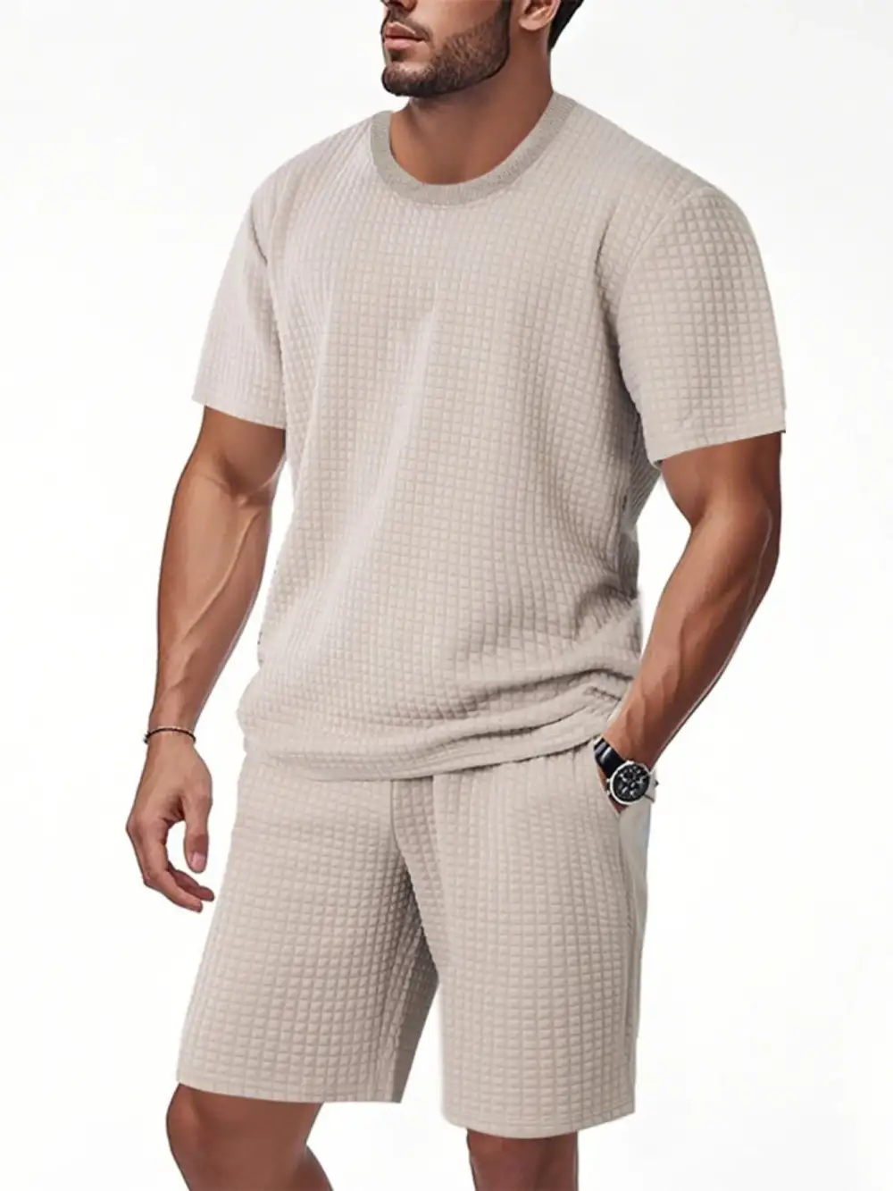 Textured Round Neck Top and Shorts Set