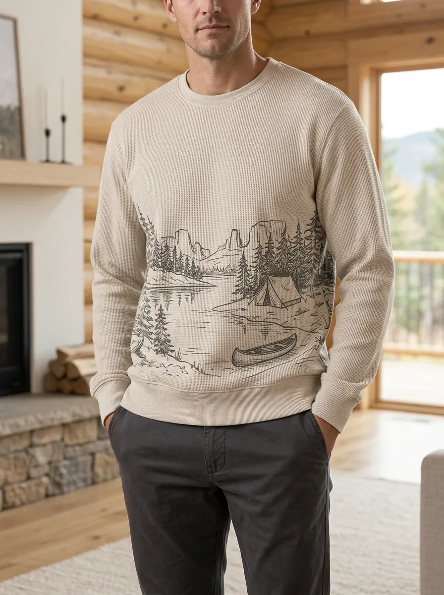 Men's Camping Nature Lover Mountain Lake Printed Waffle Knit Sweatshirt