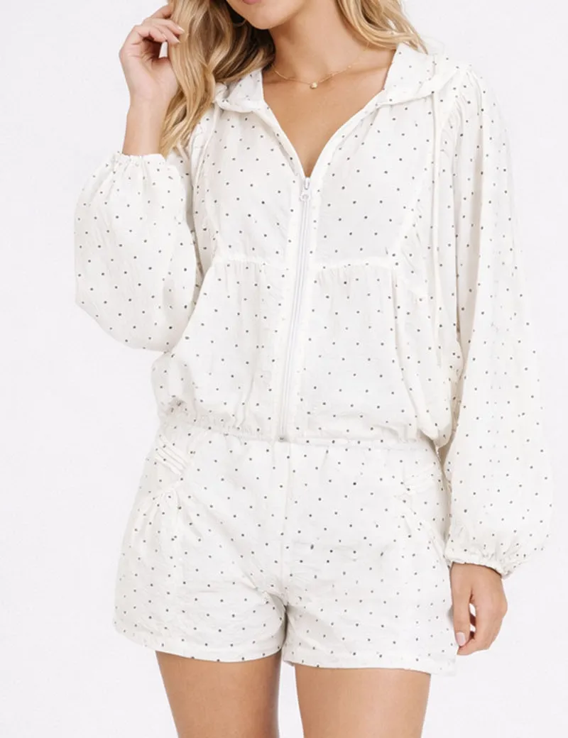 Polka Dot Hooded Zip Up Cropped Lightweight Jacket