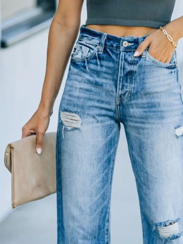 Pocketed Straight Leg Distressed Denim Jeans