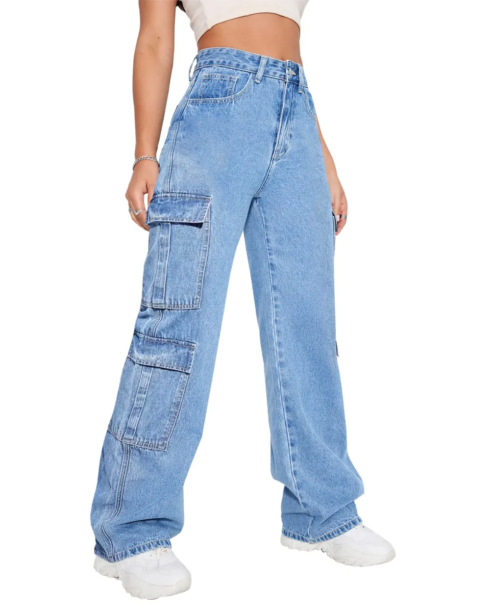 Women's Denim Cargo Jeans In Dark Blue