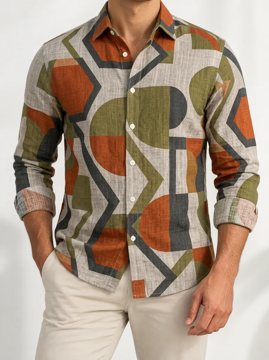 Men's Geometric Button Down Graphic Long Sleeve Shirt