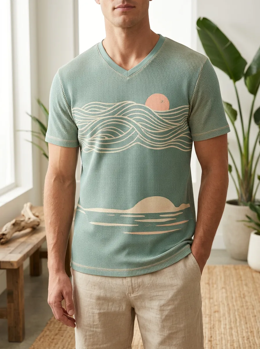 Men's Beach Sunset Ocean Wave Printed V-Neck T-Shirt
