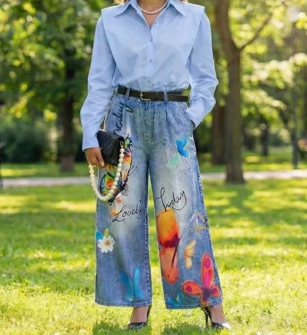 Knit Denim Statement Pants Butterfly Print Wide Leg S 2xl
