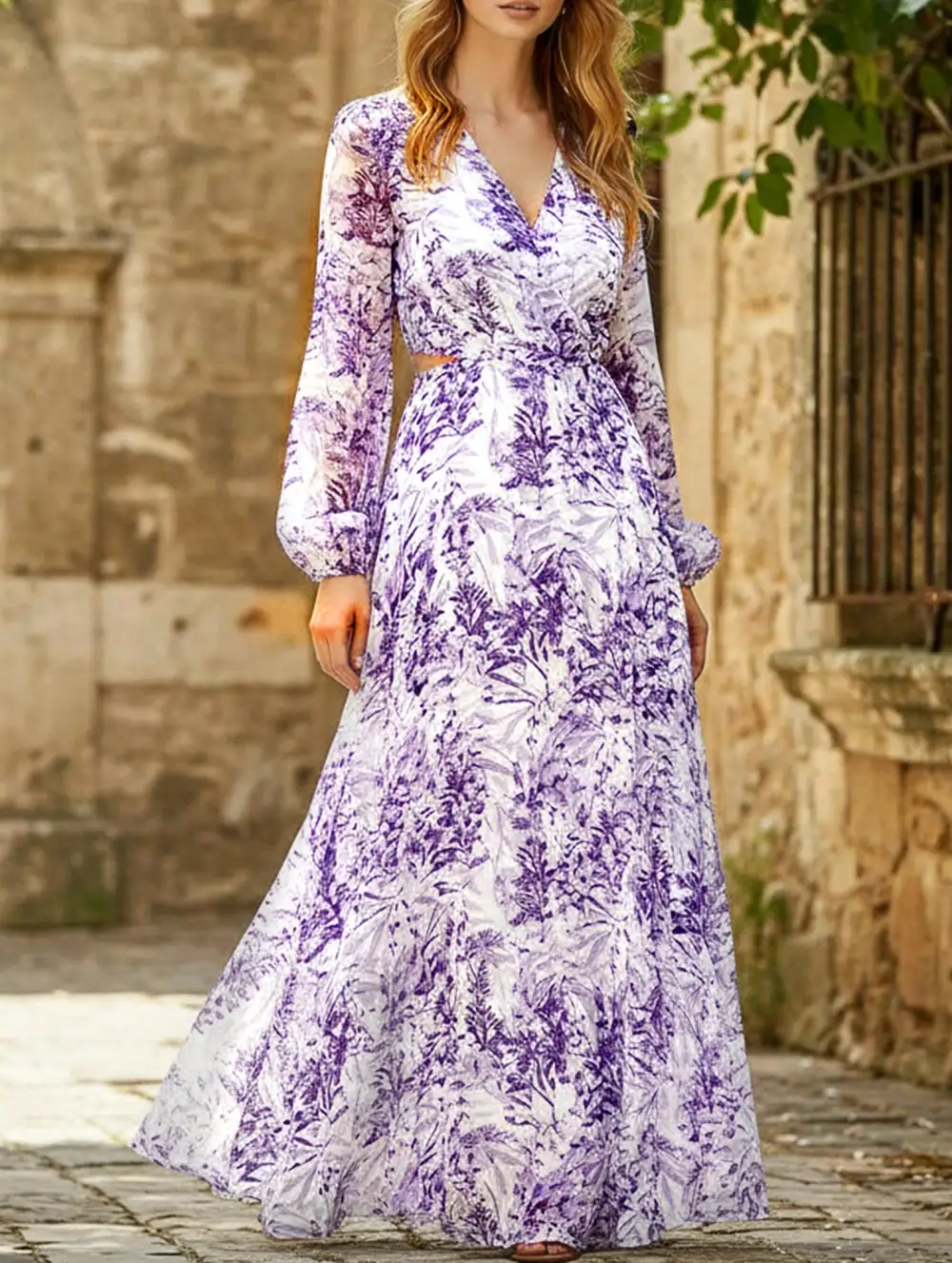 Long Printed V-Neck Long-Sleeved Dress