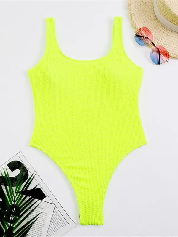 Candy Fluorescent Pleated Fabric One Piece Swimsuit