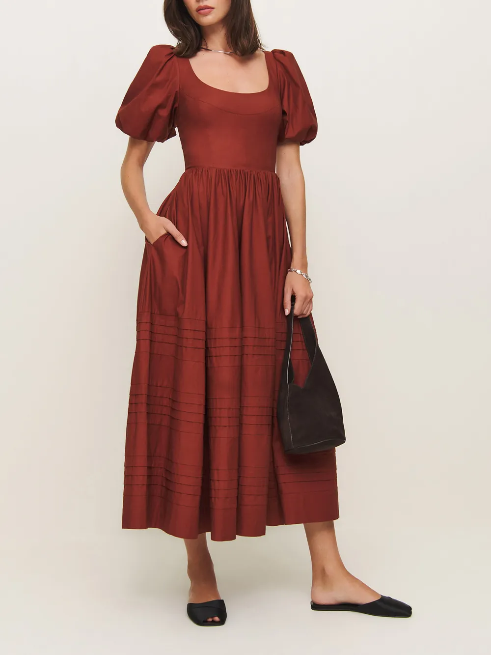 Puff Sleeve Square Neck Midi Dress
