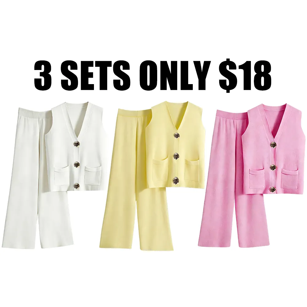 Women's Elegant V Neck Gold-Toned Button Decor Tank Top & Wide Leg Trousers Co-ord