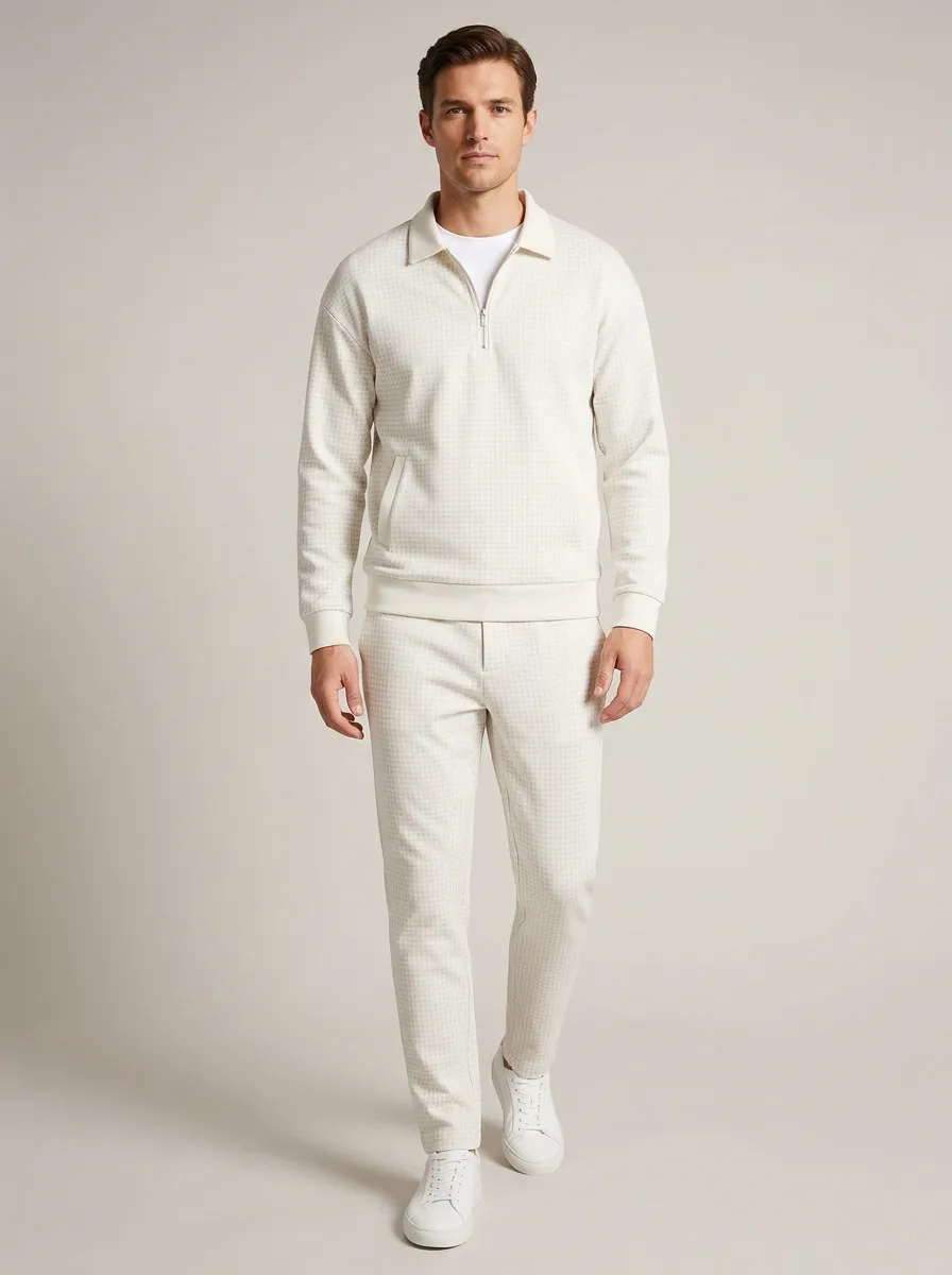 Men's Houndstooth Minimal Polo Collar Jacket and Jogger Pants Set