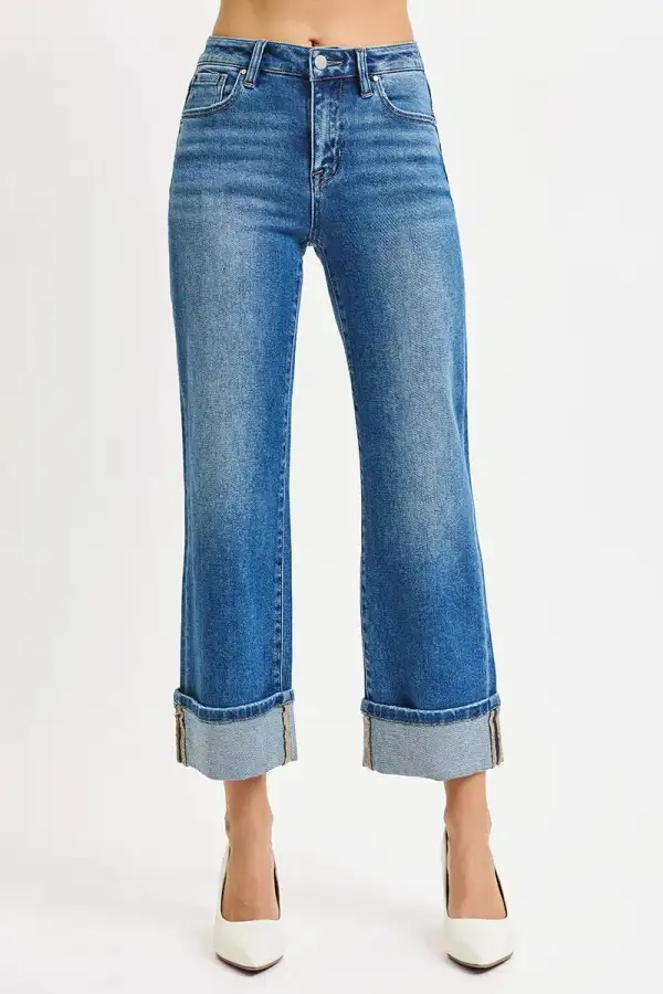 Mid-Rise Cropped Raw-Hem Washed Straight Leg Jeans
