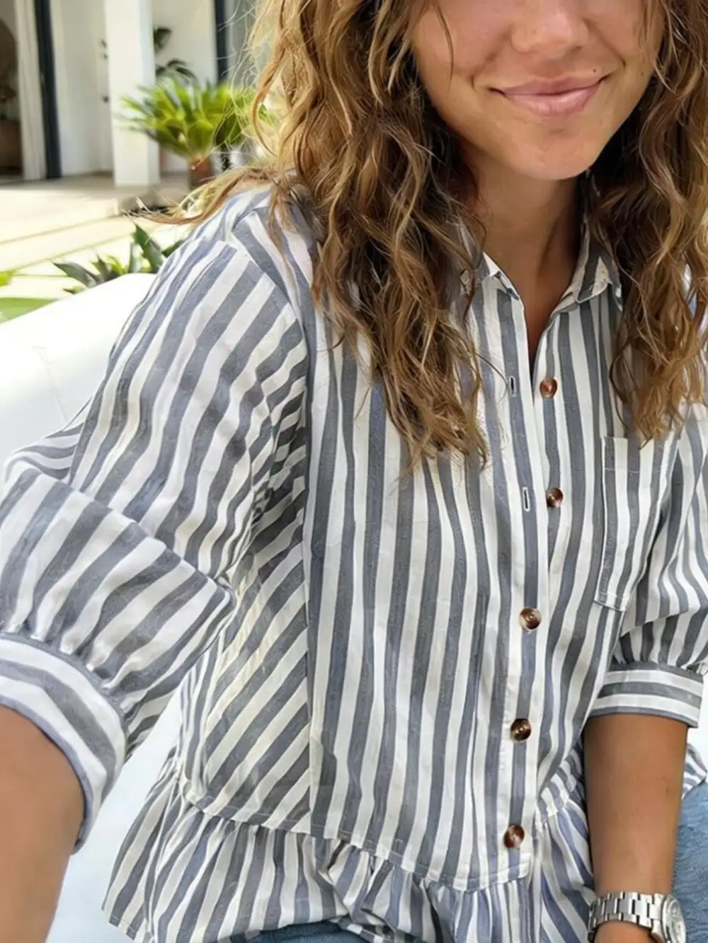 Striped Ruffle Hem Button Down Shirt