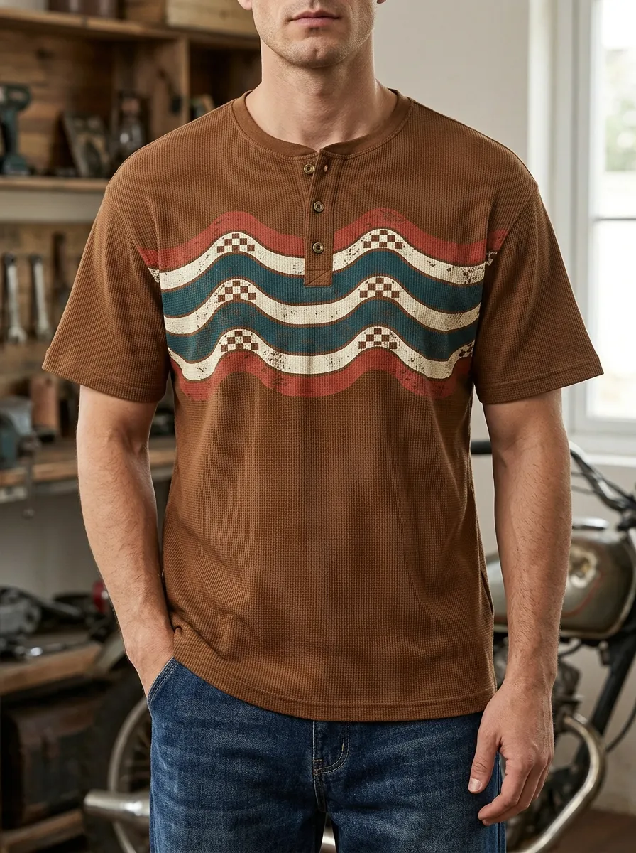 Men's Vintage Retro Wavy Checkered Printed Henley T-shirt