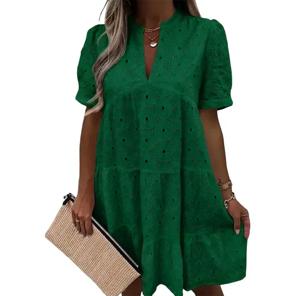 Flowy Lace Dresses Short Sleeve V Neck Tunic Dress