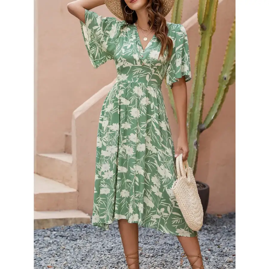 Neck V-Neck Flutter Sleeve Midi Dress