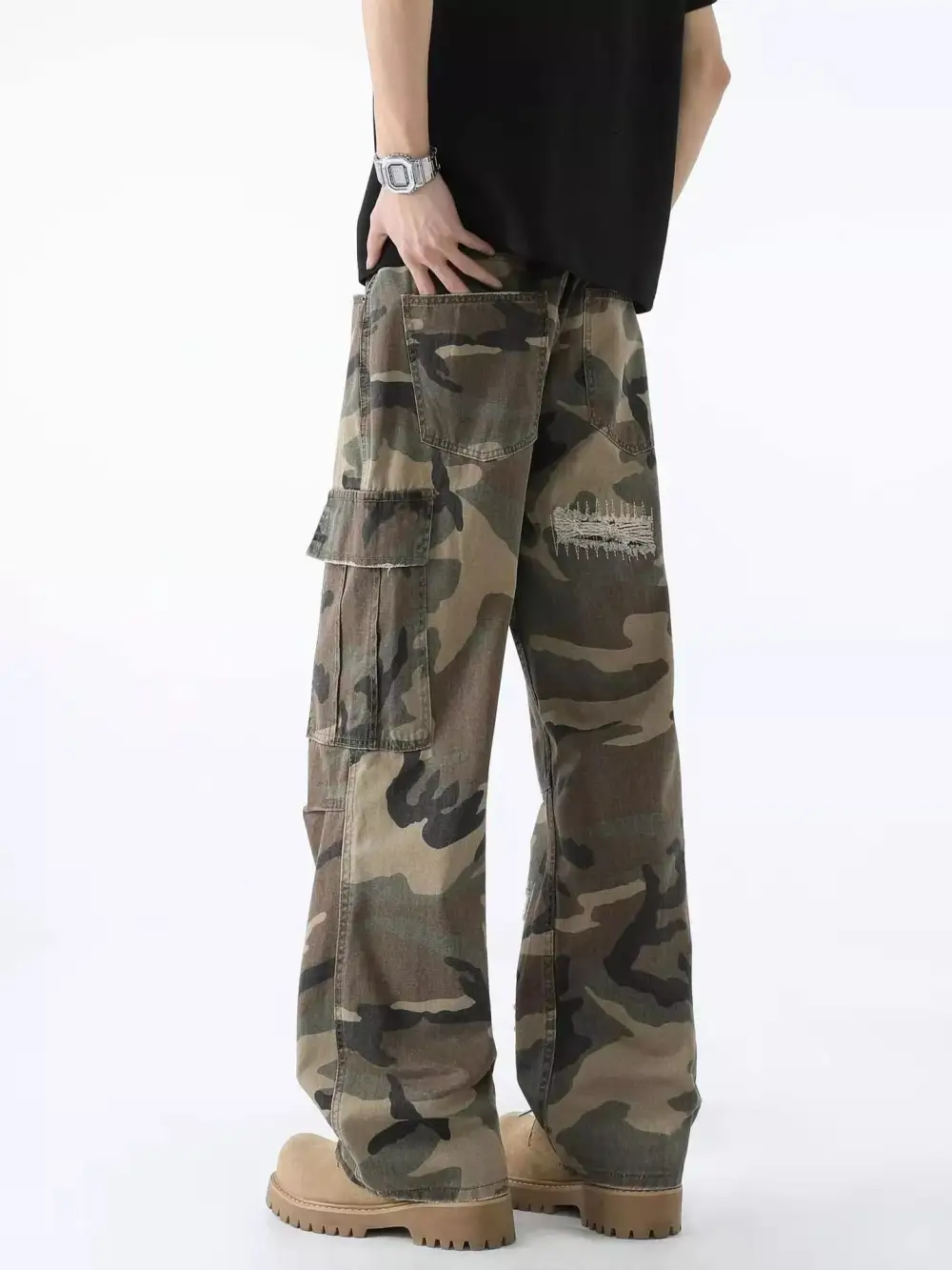 Men's Full Size Distressed Camouflage Wide Leg Jeans Plus Size
