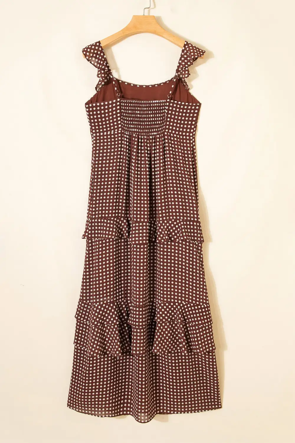 Coffee Polka Dot Print Backless Ruffled Tiered Maxi Dress