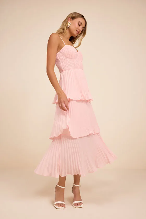 Cascading Crush Light Blue Tiered Bustier Midi Dress