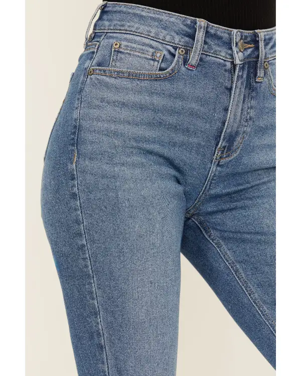 Structured High Rise Bootcut Stretch Denim Embroidered Jeans
