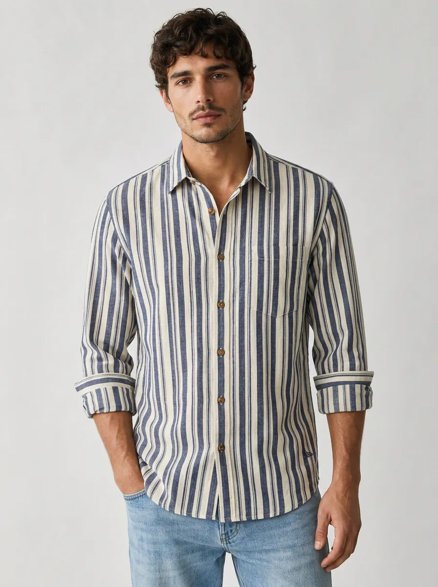 Men's Casual Summer Blue Striped Breathable Cotton Shirt