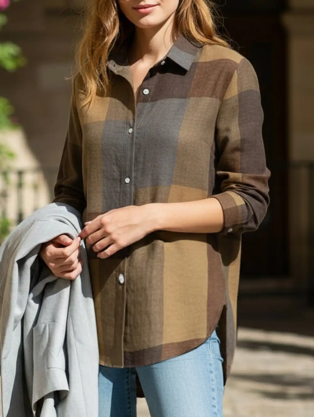 Long-Sleeved Plaid Irregular Shirt