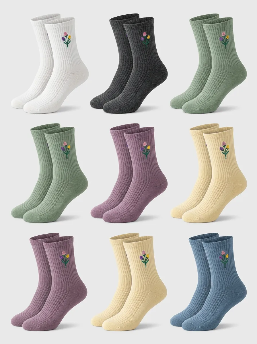 Women's Floral Lover Tulip Embroidered Ribbed Crew Socks Multi-pack