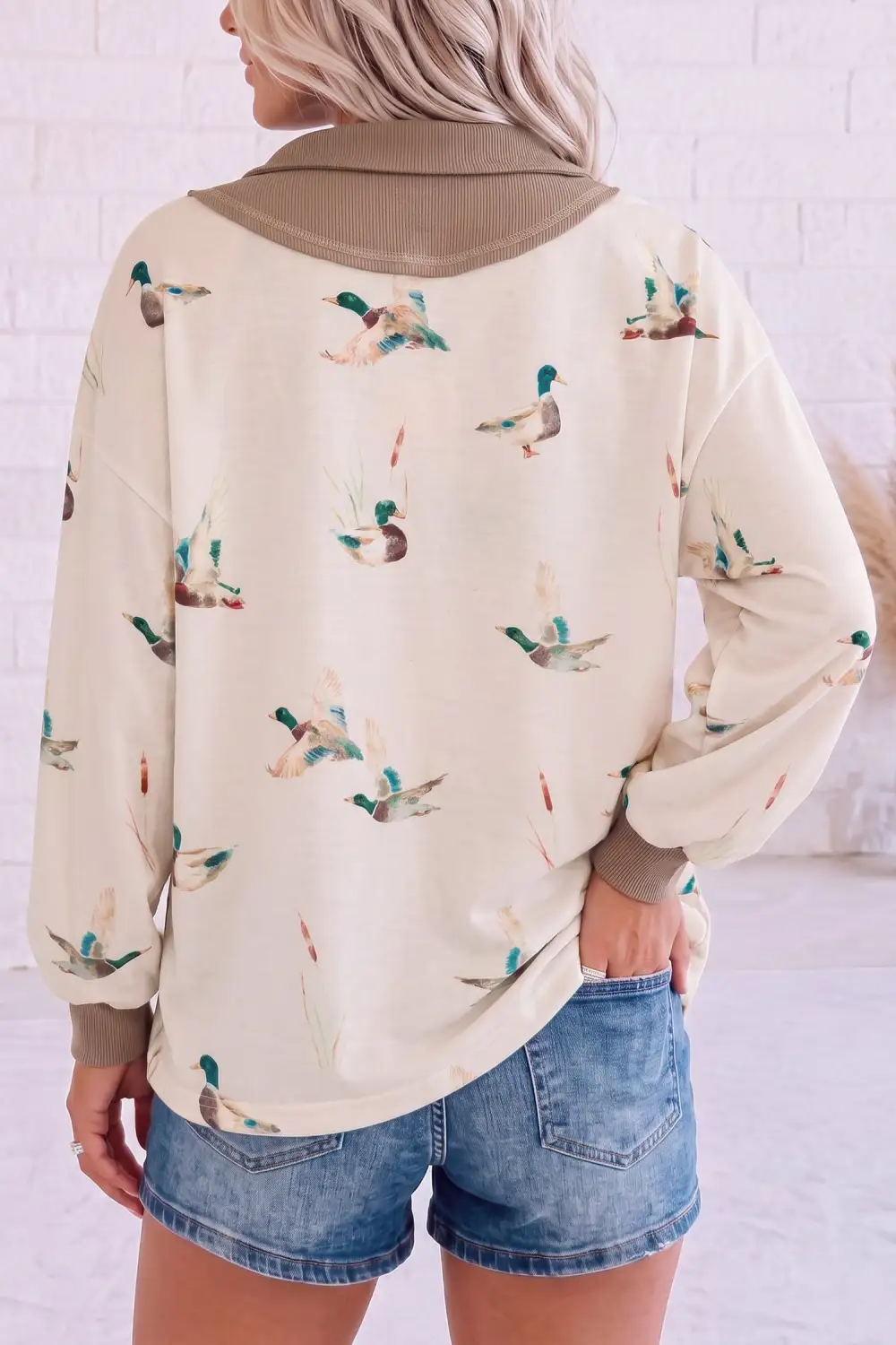 Western Print Zip Neck Ribbed Relaxed Long Sleeve Top