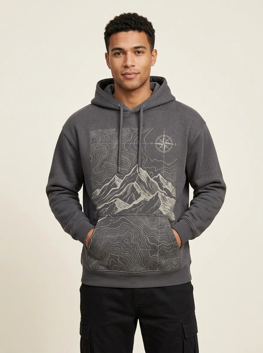 Men's Hiking Adventure Mountain Compass Topographic Graphic Hoodie