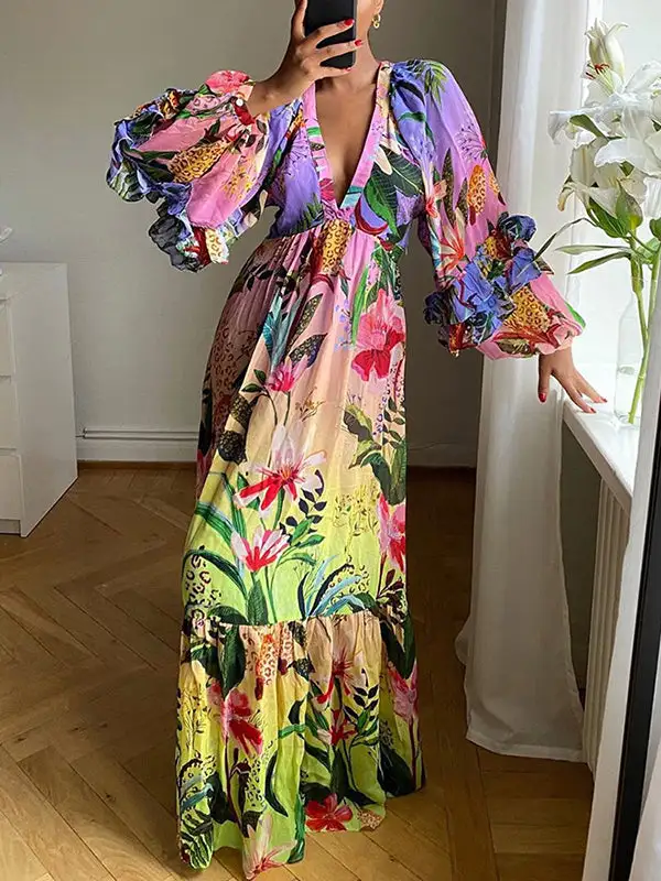 Pleated Ruffled Sleeve Neck Maxi Dress