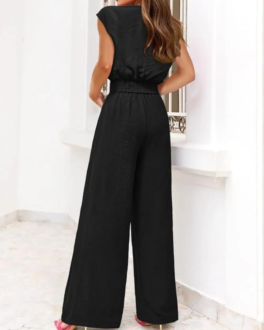 Belted V-Neck Crop Top and Wide-Leg Pants Two-Piece Set