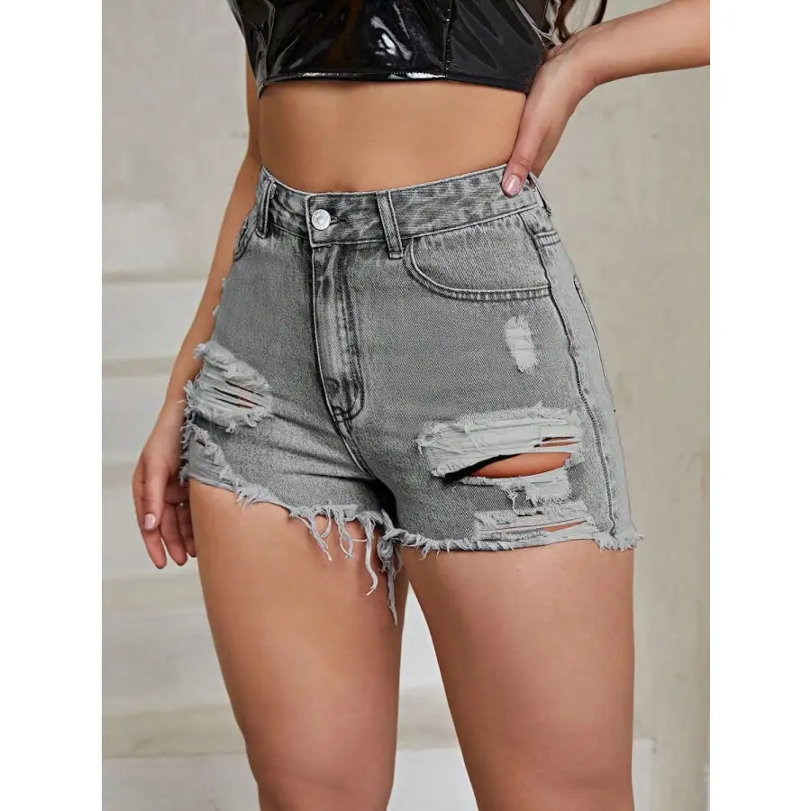 Distressed Raw Hem High Rise Denim Shorts