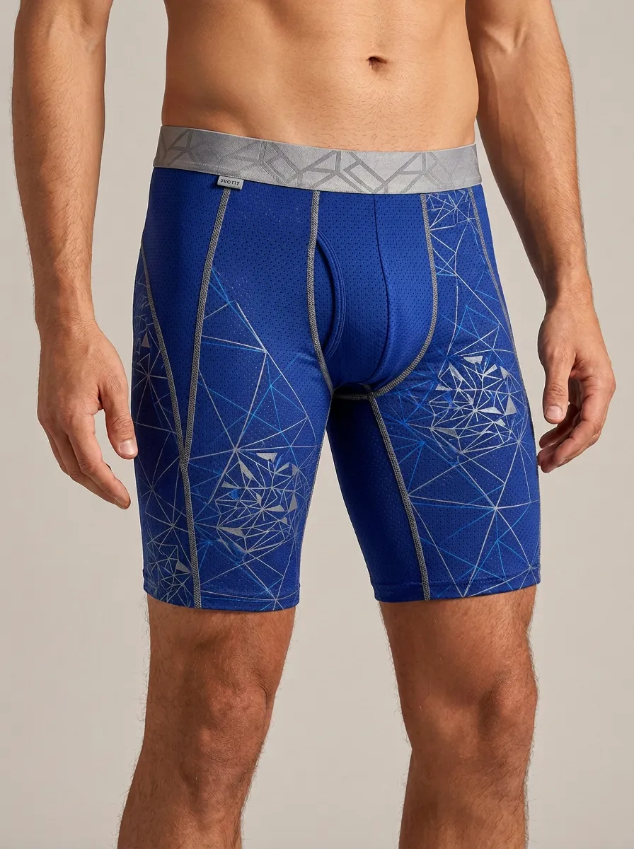 Men's Geometric Pattern Blue Printed Boxer Briefs