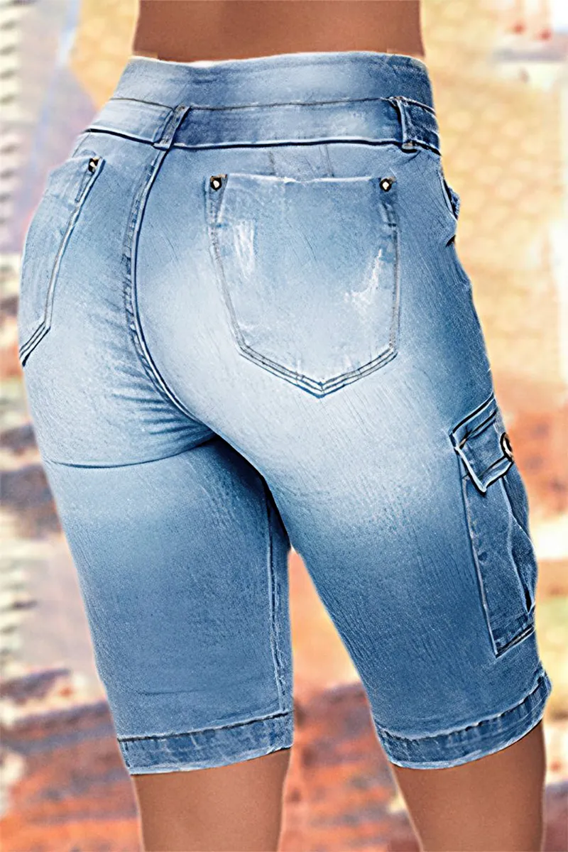 Ripped Flap Pocket Double Button Denim Shorts