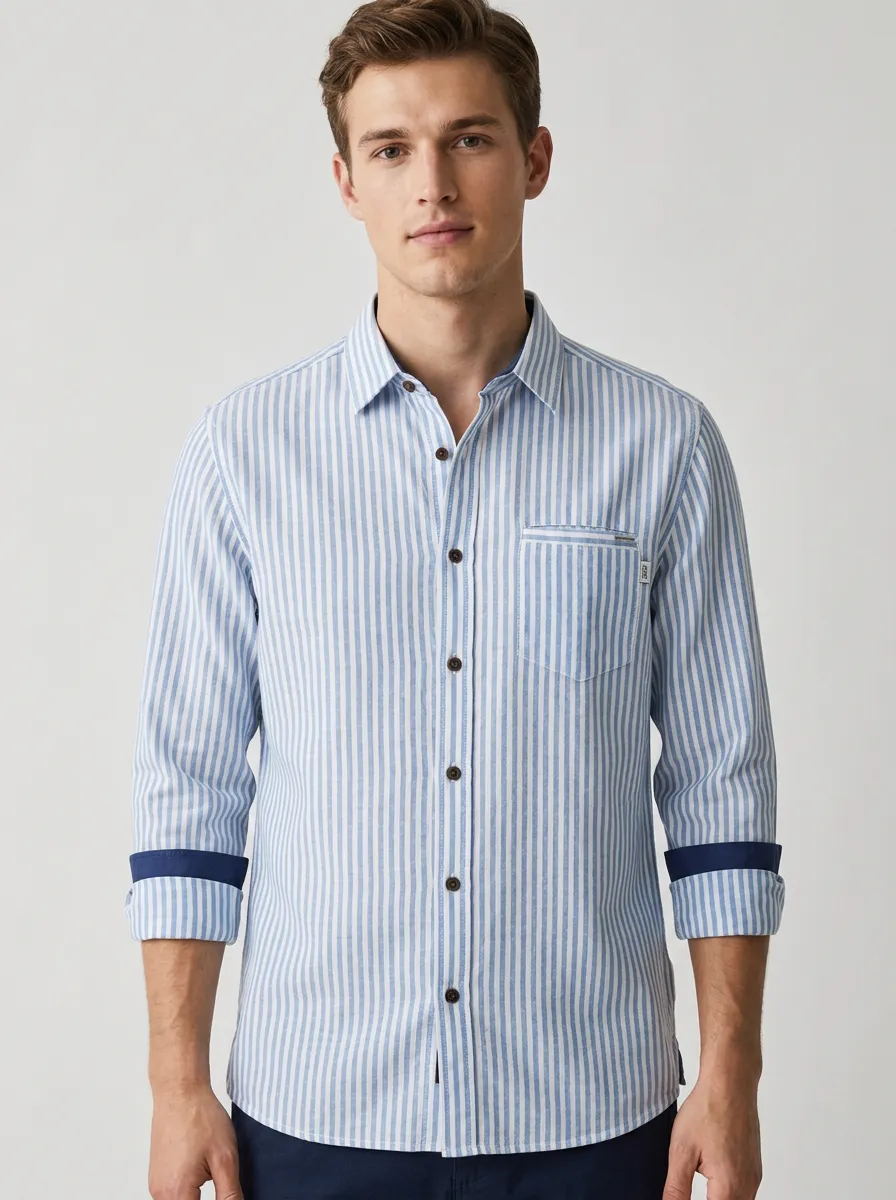 Men's Light Blue Striped Long Sleeve Button-Down Shirt