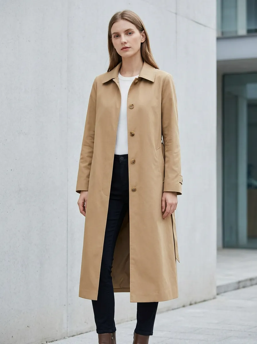 Women's Classic Minimalist Beige Solid Color Long Trench Coat