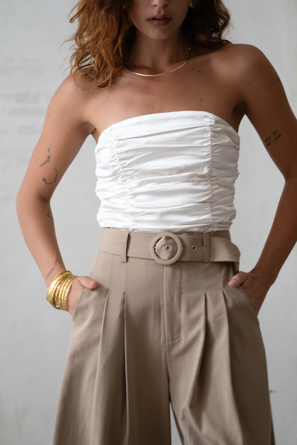 Ivory Strapless Ruched Satin Top
