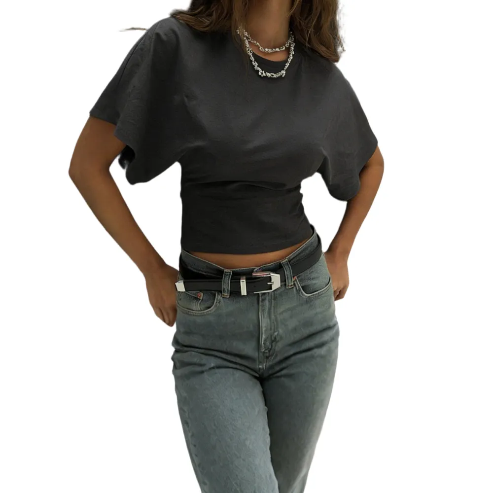 Women's Solid Color Crop Tee, Casual Half Sleeve Round Neck T-shirt