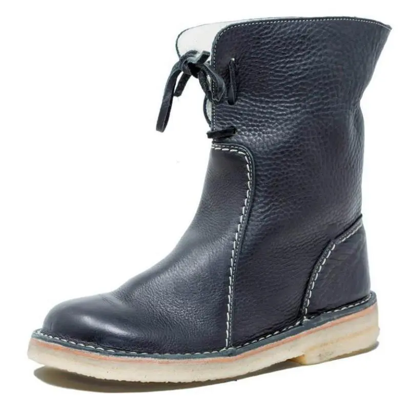 2021 new round toe snow boots plus velvet lace flat casual shoes ankle boots