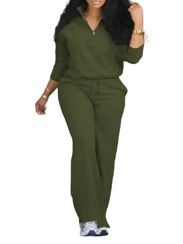 Women's Solid Half Placket Split Hem Pants Set