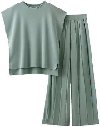 Women'S Sweater Set 2 Piece Lounge Set Knit Pullover Tops Vest High Waisted Pants