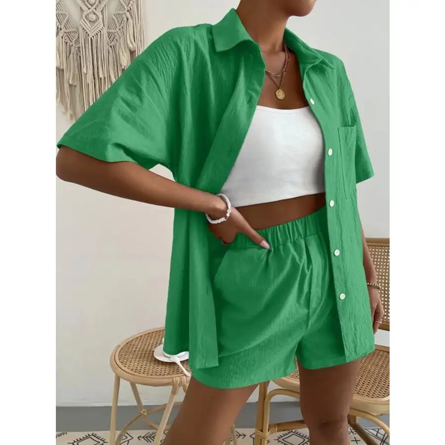 Button Up Short Sleeve Shirt and Shorts Set