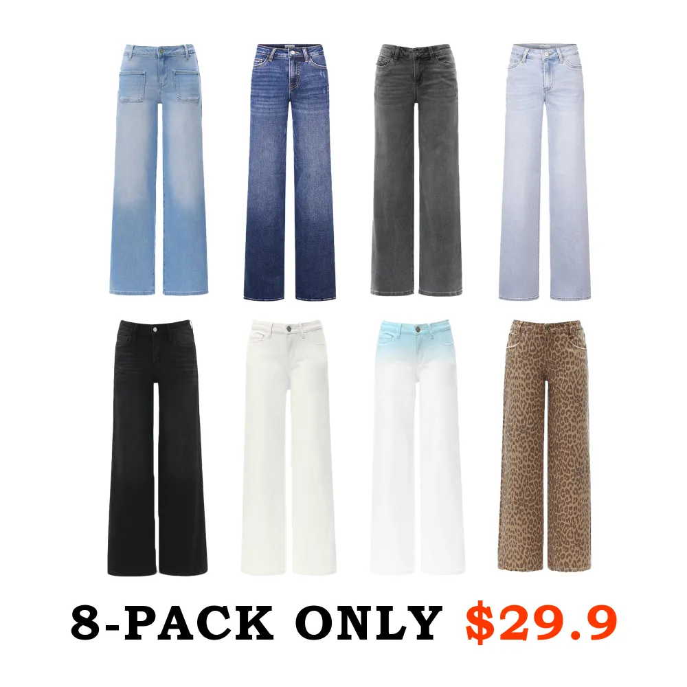 🔥Last Day 49% Offer-Mid-low Rise Baggy Jeans Stretchy Wide Leg for Women Distressed Pants Light Blue/Dark Blue Womenswear Bottom 8001 Lady Basic Minimalist Comfortable Denim Tummy Control Curve Hugging Plus Size Regular Size BBL