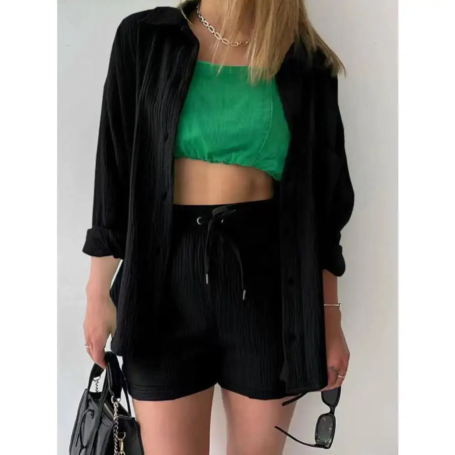 Relaxed Textured Button Up Shirt and Shorts Set