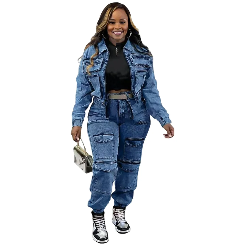Two-Piece Women's Fashion Sexy High Elastic Multi-Pocket Washed Denim Casual Set