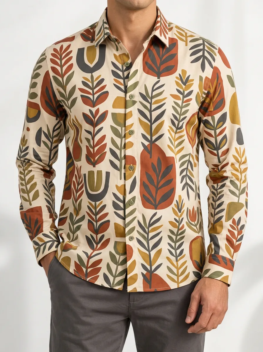 Men's Botanical and Abstract Printed Long Sleeve Shirt