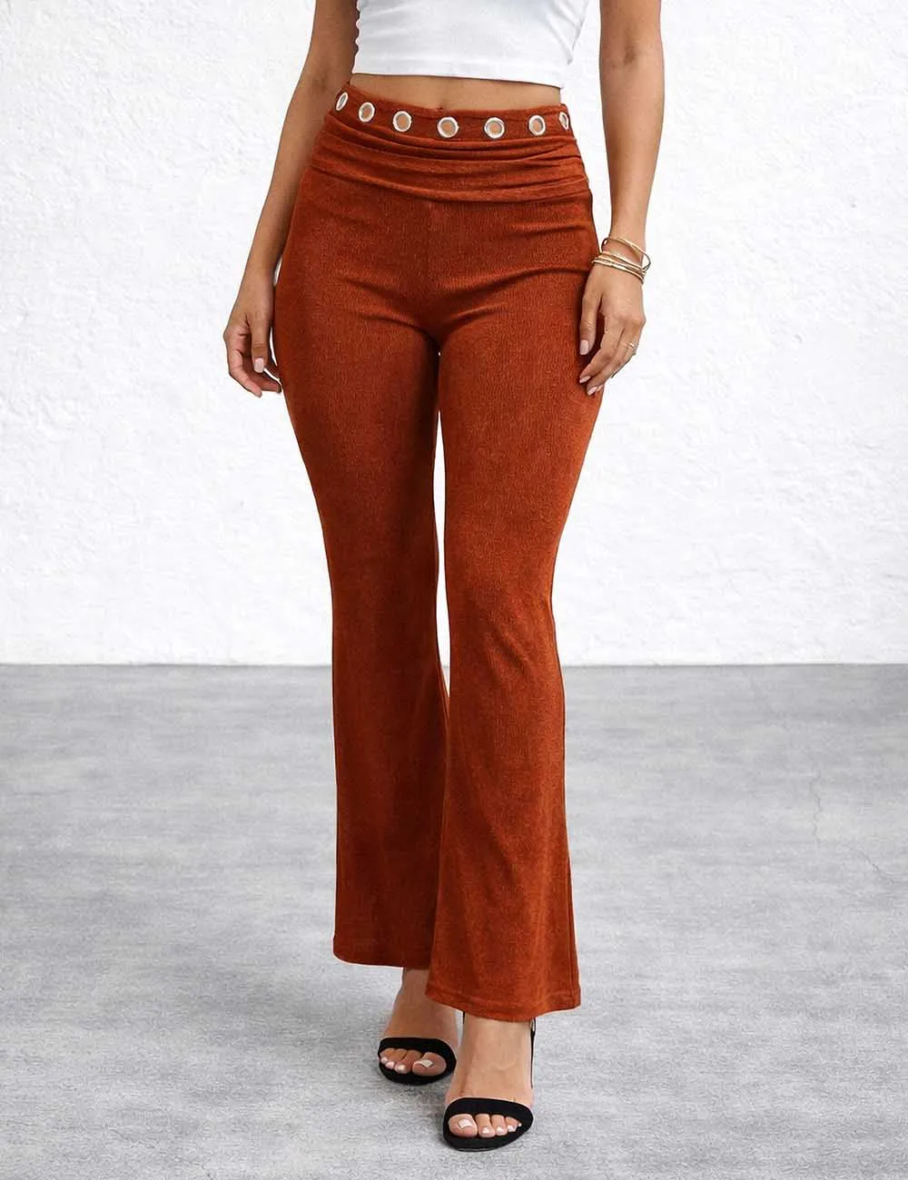 Chic Elastic Waist Flared Leg Metal Eyelet Pants